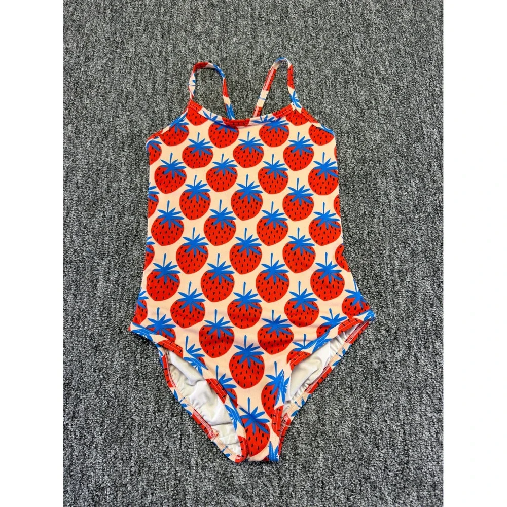 Hanna Anderson Swimsuit Girls Pink Strawberry Print One Piece Stretch Swimwear